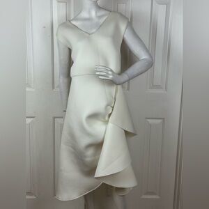 Terramina Cream Asymmetrical Sheath Dress V-Neck Flutter
